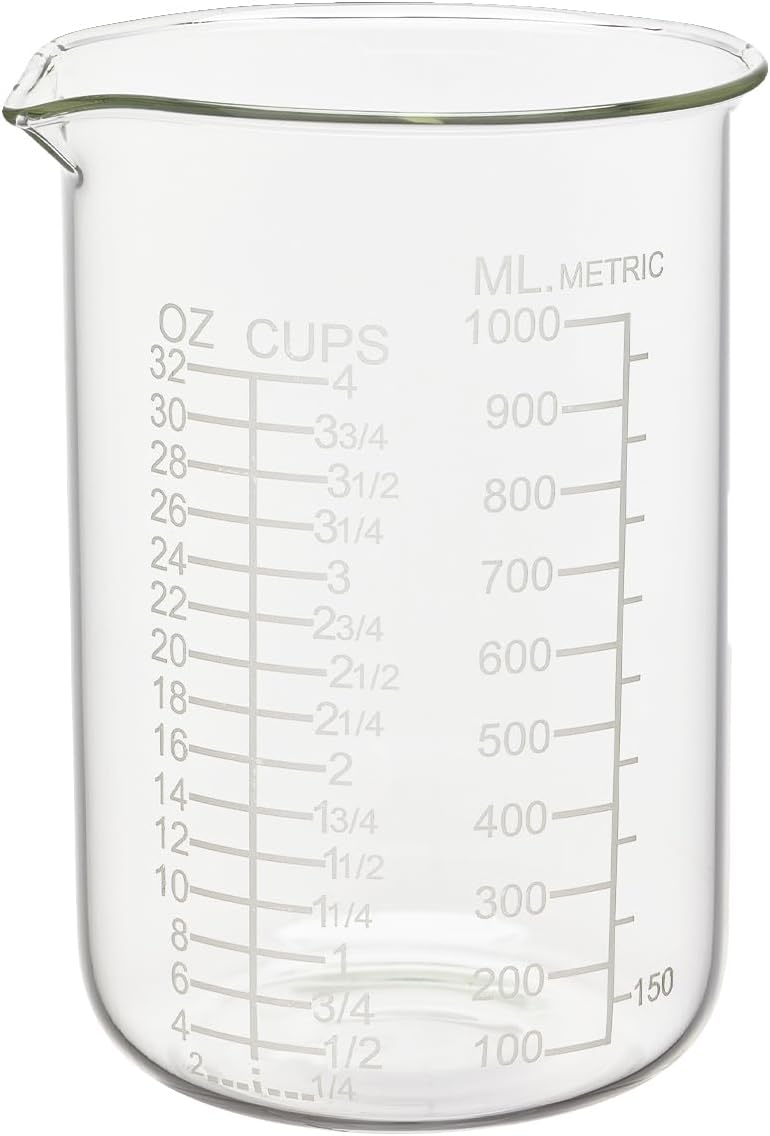 Ackers Etched Graduated Glass Measuring Cup - V-Shaped Spout- High Borosilicate Glass Measuring Cup for Kitchen or Dining, Easy to Read,1000 ML (32 Oz, 4 Cup)