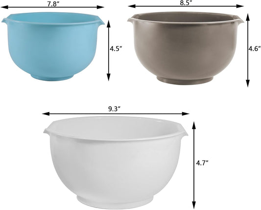 3pcs Mixing Bowls with Pour Spout-Nesting Design Saves Space - Non-Slip, BPA Free, Dishwasher Safe Plastic - Kitchen Cooking and Baking Supplies (White)