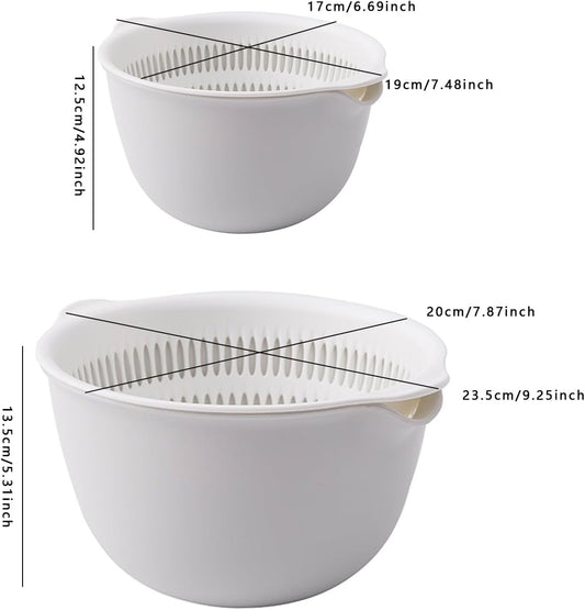 2 Sets 3 Qt,2 in 1 Kitchen Colander Set with Bowl Strainer ,BPA Free Plastic Fruits and Vegetable Washing Basket,Dishwasher Friendly Double Layered Drain Basin,for Pasta, Noodles, Rice and Food (Grey)