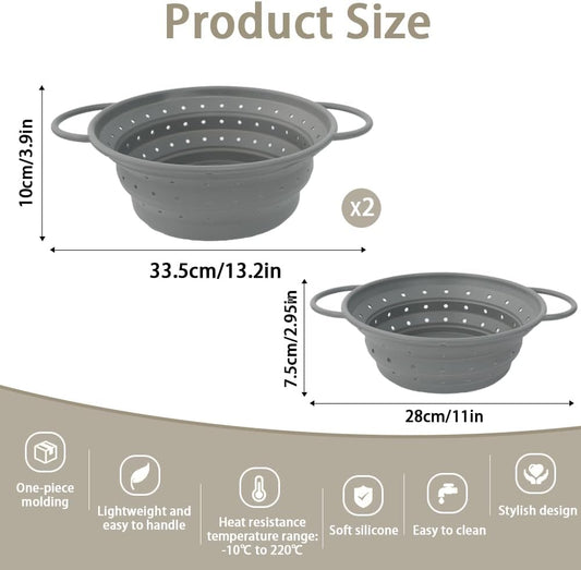CEYAZYE Collapsible Colander Set of 3, Silicone Space-Saving Foldable Kitchen Pasta Strainer, Heat-Resistant Fast Draining Basket with Non-Slip Base and Handles, Food Strainer for Fruit, Vegetables