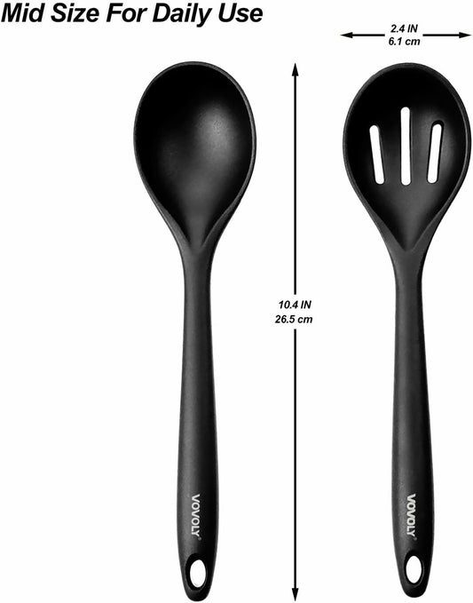Silicone Spoons for Cooking - Kitchen Spoons for Mixing, Serving, & Stirring - 600°F Heat-Resistant Non Stick Utensils Ladle & Skimmer- Dishwasher Safe, Black,10.4IN
