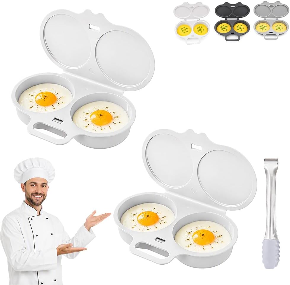 2 Pack Dual Cavity Microwave Egg Poacher with Lid & Handle,Black