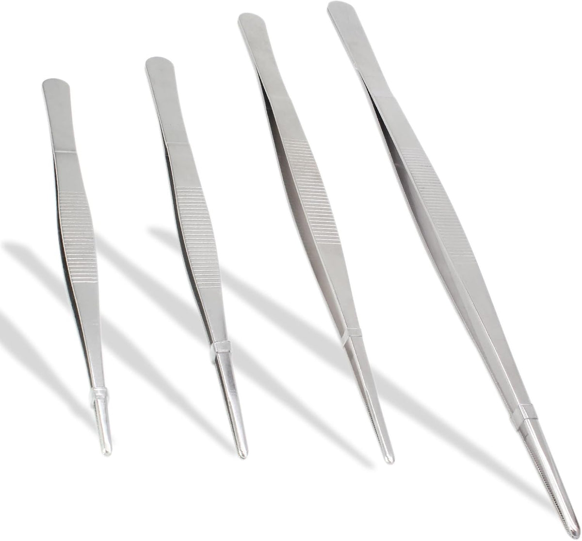 4Pcs 304 SS Tweezers Set 7-12 Inch Serrated Straight Tips | Ergonomic Non-Slip Handle, Thickened Sturdy Build, Blunt Rounded Tips, for Cooking Baking Crafts Aquarium Terrarium