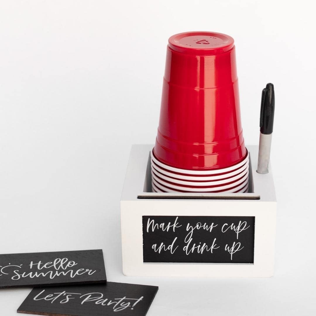 White Party Cup Holder with Marker Slot- Drink Caddy with Interchangeable Signs- Mark Your Cup and Drink Up-Hosting Essentials Wood Cup Dispenser- Brunch Supplies- Disposable Cup Holder Hostess Gifts