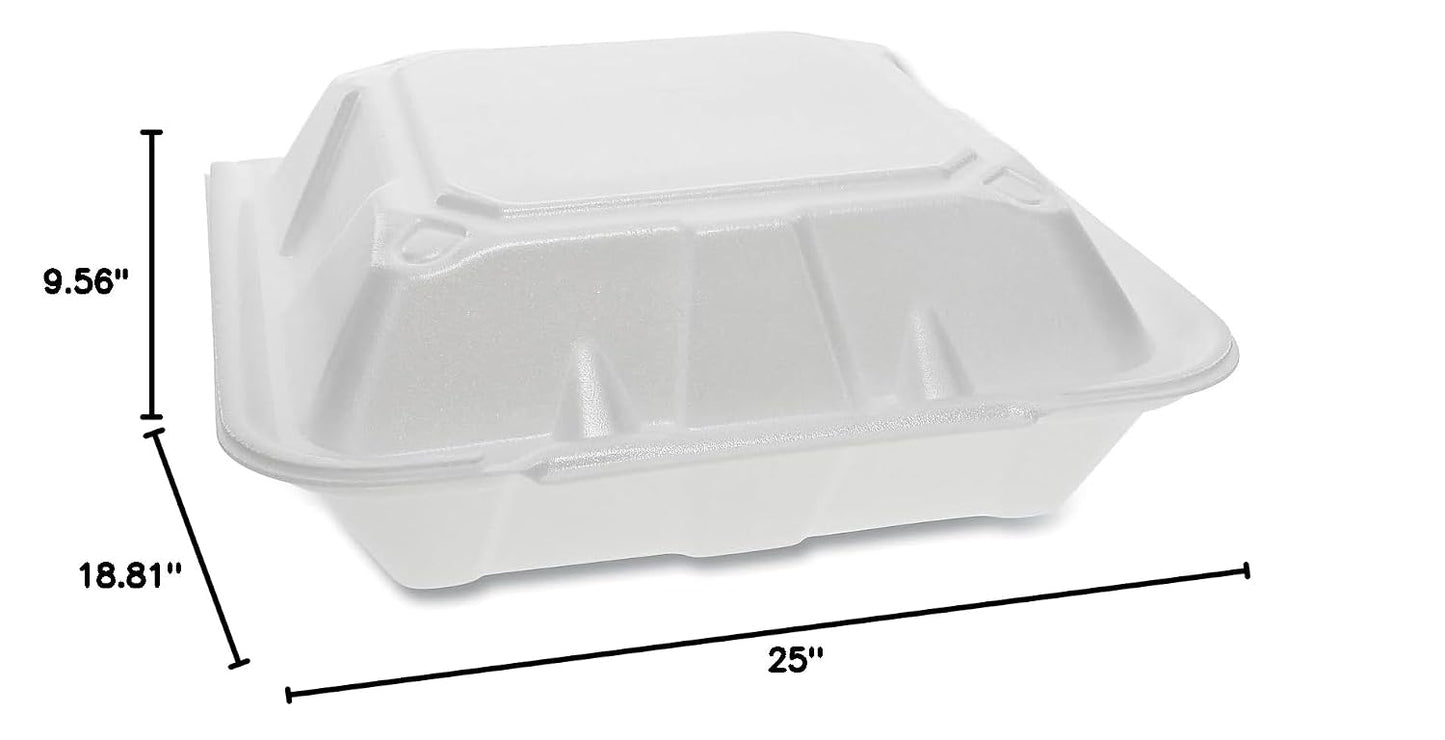 Pactiv YTD19903 Foam Hinged Lid Containers, White, 9 x 9 x 3-1/4, 3-Compartment (Case of 150)