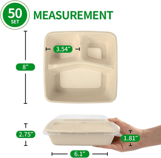 bloomoon 3 Compartment Take Out Lunch Box Containers 50 Pack | 8x8 inch Disposable 3 Compartment Meal Prep Bento Box Containers, 50 Bowls 50 Lids