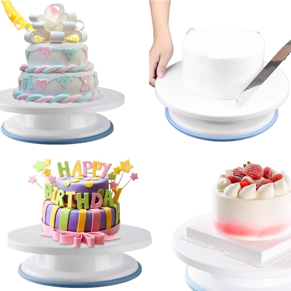 Rotating Cake Turntable Stand with Non Slip Pad, 11 Inch Revolving Turn Table Top for Pastries Cookies Cupcakes Decorating, Rotary Round Cake Display Stand Supplies Kit (White)