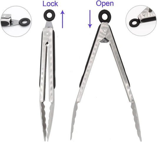 304 Stainless Steel Cooking Tongs Set of 2 (10" & 13") – Heat Resistant 600°F, Brushed Locking Tongs with Ergonomic Grip, Ideal for Kitchen, Salad, BBQ, Dishwasher Safe