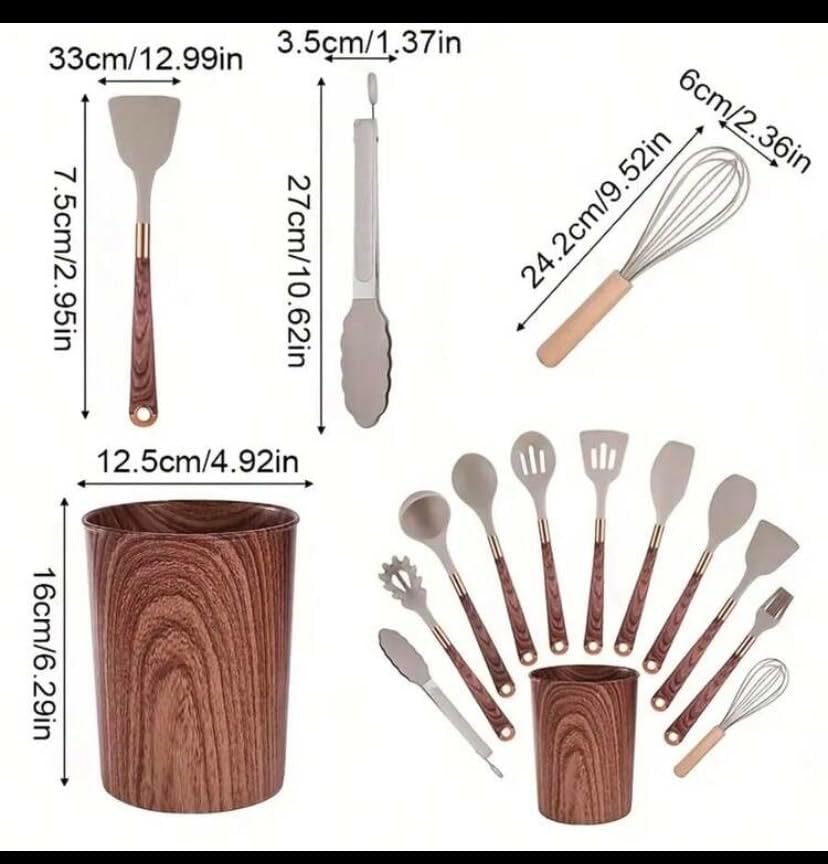 12-Piece Silicone Kitchen Utensils Set - Non-Stick Heat Resistant Cooking Tools with Wooden Handles & Holder Bucket - BPA-Free Kitchen Gadgets Set for Nonstick Cookware