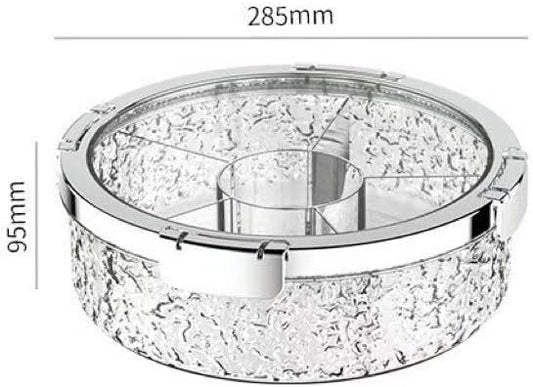 Rotating Divided Serving Tray with Lid, Clear Glacier Pattern Snack Box, Sealed Nut and Candy Storage Container, Round Fruit Platter for Party
