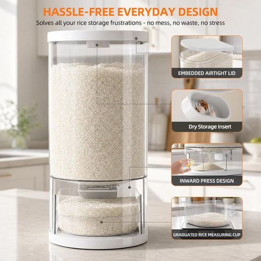 Rice Dispenser 22 Lbs(10kg), Rice Holder Storage Container with Measuring Cup, Clear Cereal Dry Food Grain Dispenser for Kitchen Pantry Household Organization, BPA Free