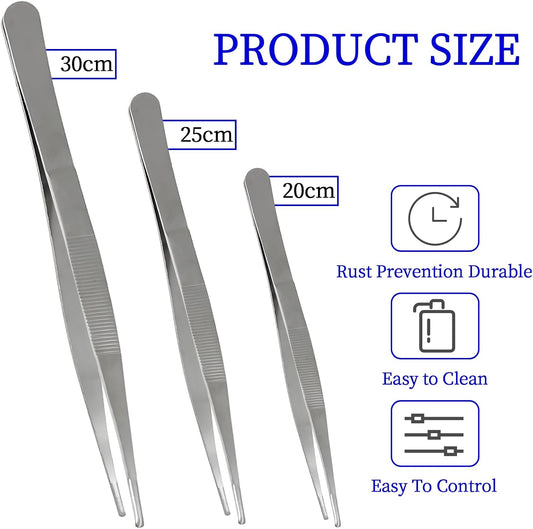 Bonsicoky 3Pcs Stainless Steel Tweezer Set (8" 10" 12") | Long Tweezers, Precision Serrated Straight Tips, Non-slip, For Cooking, Repairing, Medical, Garden