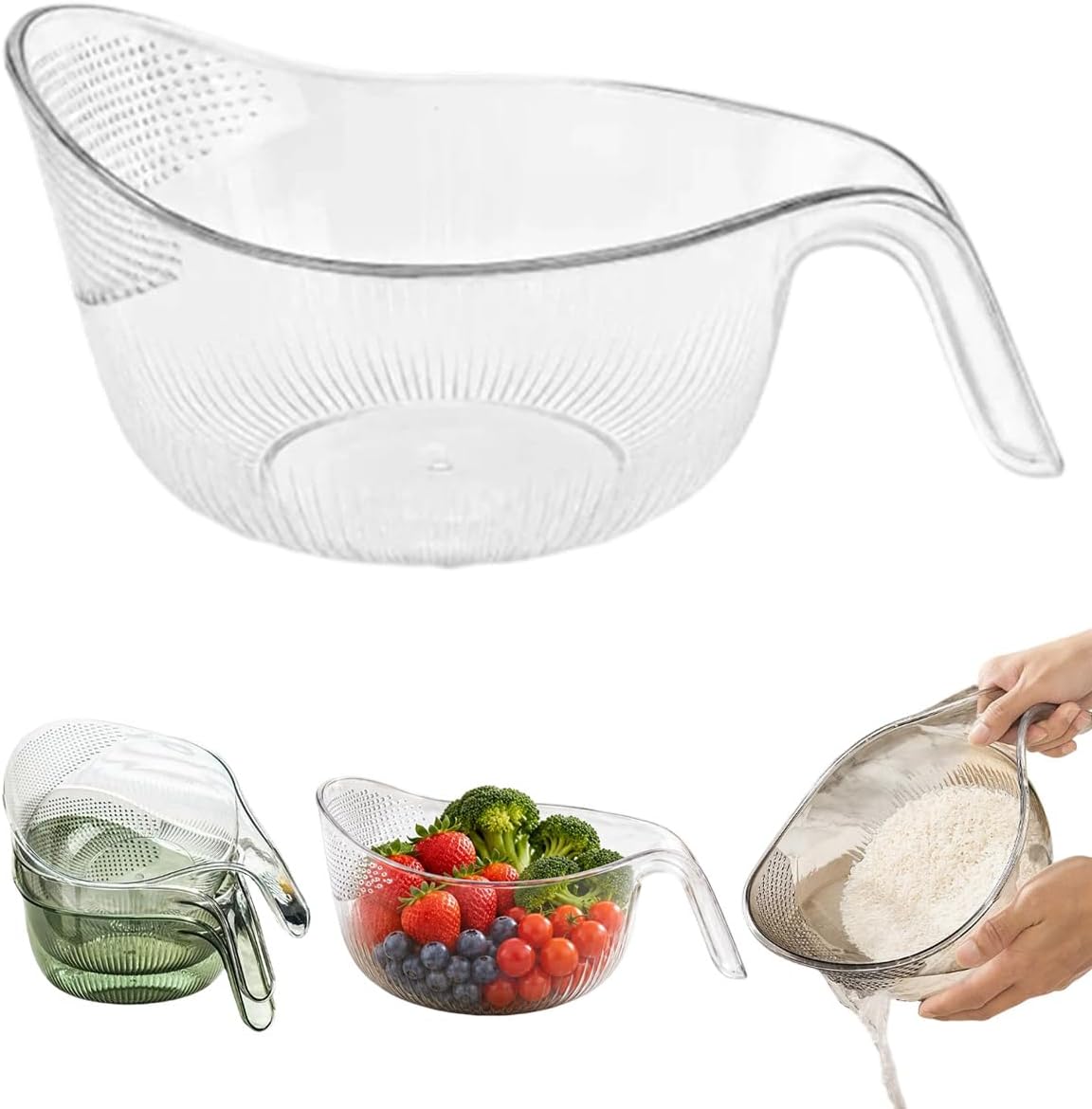 Multipurpose Rice Washing Bowl Strainer with Handle,Transparent:Small+Large