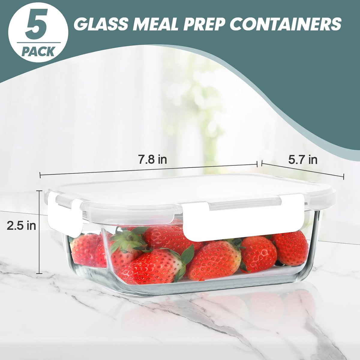 KOMUEE 30 oz 5 Pack Glass Meal Prep Containers, Glass Storage Containers with Lids - Dishwahser, Microwave, Oven and Freezer Safe