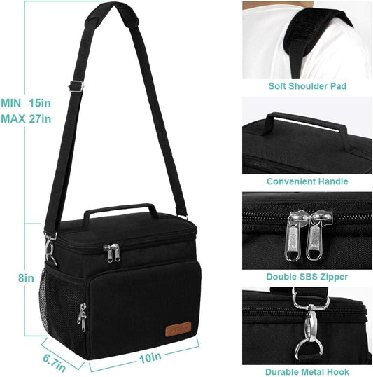 Tiblue Insulated Lunch Bag for Women/Men, Reusable Lunch Box for Office Work School Picnic,Leakproof Freezable Cooler Bag with Adjustable Shoulder Strap for Kid/Adult(Medium, Black & White Stripes)