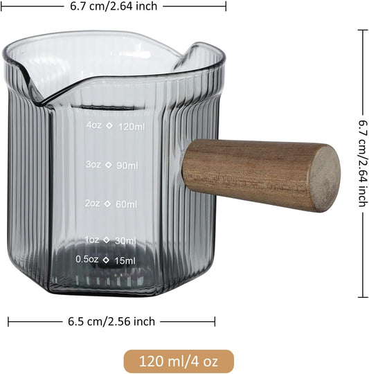 Joeyan 6 oz Grey Glass Measuring Cups with Spout,Borosilicate Glass Triple Pitcher with Scale,Origami Style Espresso Shot Glasses with Wood Handle for Coffee Milk,Dishwasher Safe