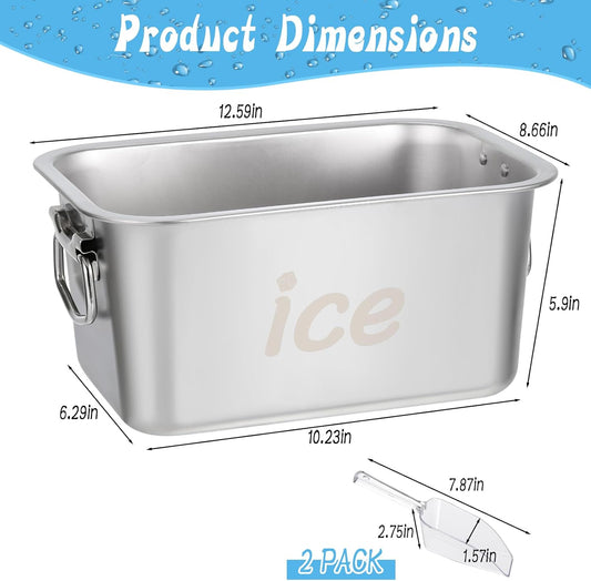 Strainless Steel Beverage Tub, Ice Buckets for Parties with Handle, Beer Ice Bucket Drink Cooler, Metal Wine Beer Champagne Bucket Drink Chiller, Rectangular Ice Storage Tub Ice Cube Bin for Freezer