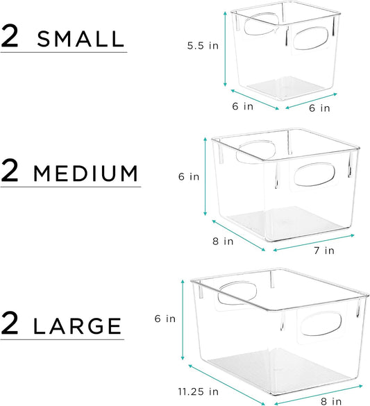 Sorbus Clear Plastic Storage Bins - Fridge Organization and Storage Solution, Acrylic Kitchen Cabinet and Pantry Organizer, Fridge Organizer Bins in 3 Sizes (6 Pack: 2 Small, 2 Medium, 2 Large)