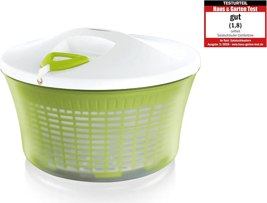 Leifheit Comfortline Signature Salad Spinner – Ergonomic Left/Right-Handed Spin, Non-Slip Base, Fast Gentle Drying, Multi-Use Bowl for Serving, Durable Hygienic White Plastic Design