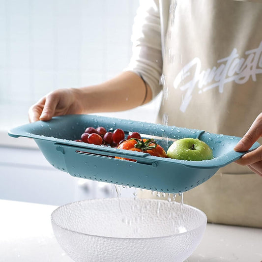 KesaPlan Collapsible Sink Colanders and Strainers Basket Over the Colander Extendable Plastic Fruit Vegetable Strainer Drainer for Kitchen(Length 14.3-19.4 inch)(Gray Set of 2)