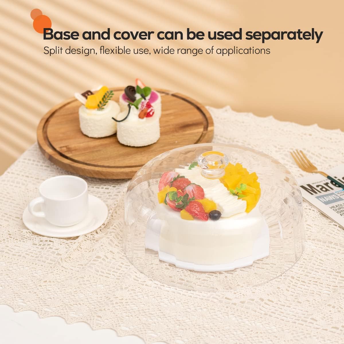cutesun Cake Stand with Lid, 10.8'' Shatterproof Acrylic Dome (Not Glass), 11.8'' Rotating Acacia Wood Cake Display Stand for Wedding Birthday Party Dessert