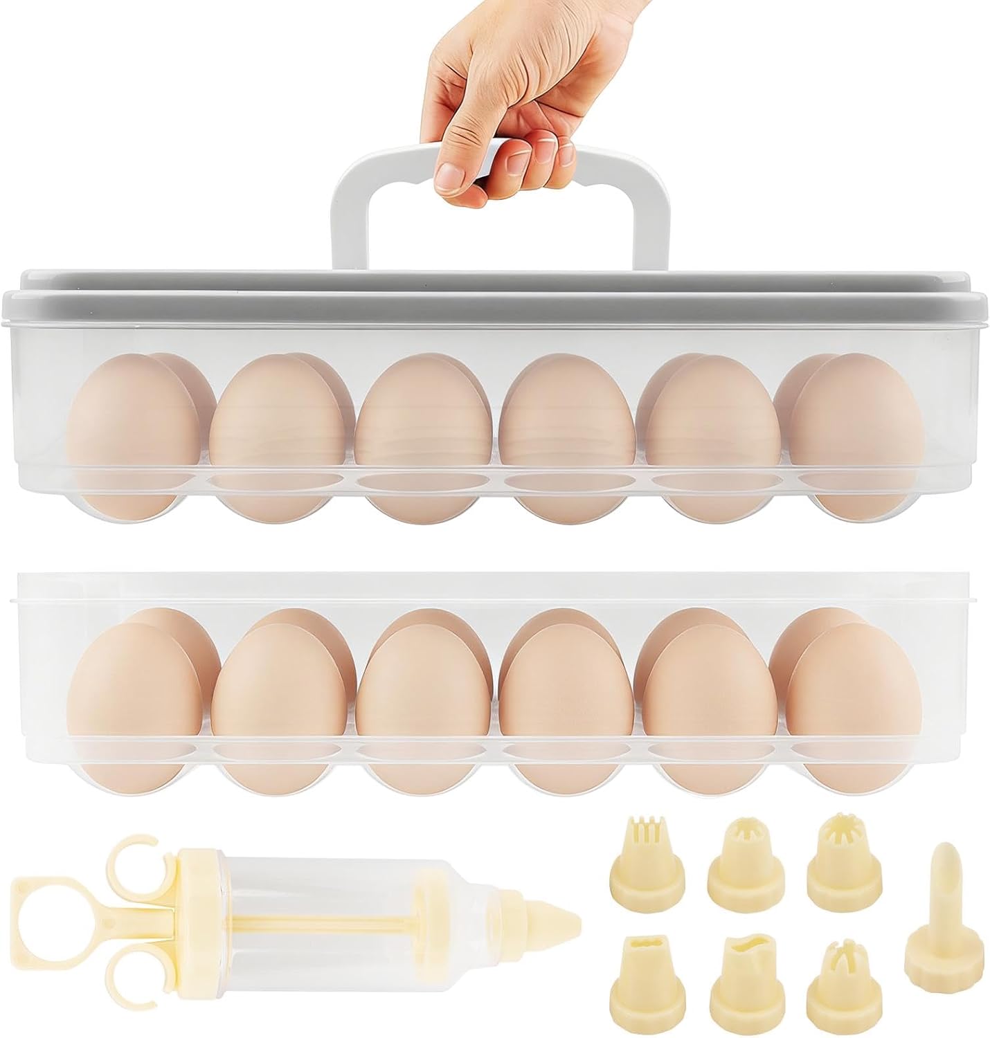 2-Layer Easter Deviled Egg Containers With Lid,48PCS Deviled Eggs Tray Carrier with Hand Injector Piping Tool, Platter Holder Organizer for Refrigerator Party Picnic Travel