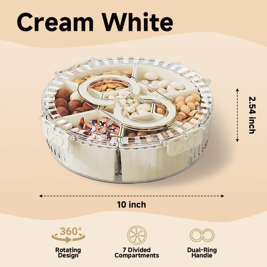 Koja Rotating Snackle Box Container with Lid - Portable Divided Serving Tray for Snacks, Nuts, Candy, Charcuterie, Veggies & Fruit - 360° Turntable Food Organizer (Beige, 7-Compartment)