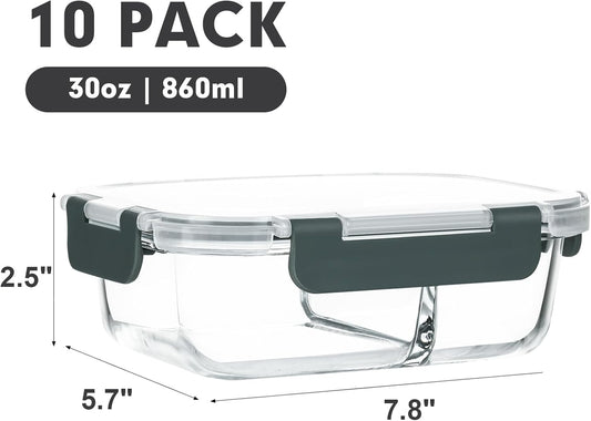 M MCIRCO [10-Pack,30 Oz Glass Meal Prep Containers 2 Compartments Airtight Lunch Bento Boxes with Lids, Glass Food Storage Containers, Microwave, Oven, Freezer and Dishwasher, White