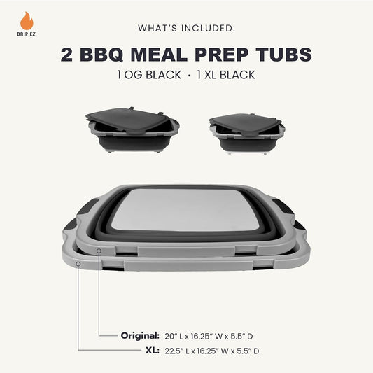 Drip EZ Collapsible BBQ Prep Tubs 2-Piece Set- For Meal Prep Marinating Food Storage - Includes Cutting Board & Lid - (2) XL - Black