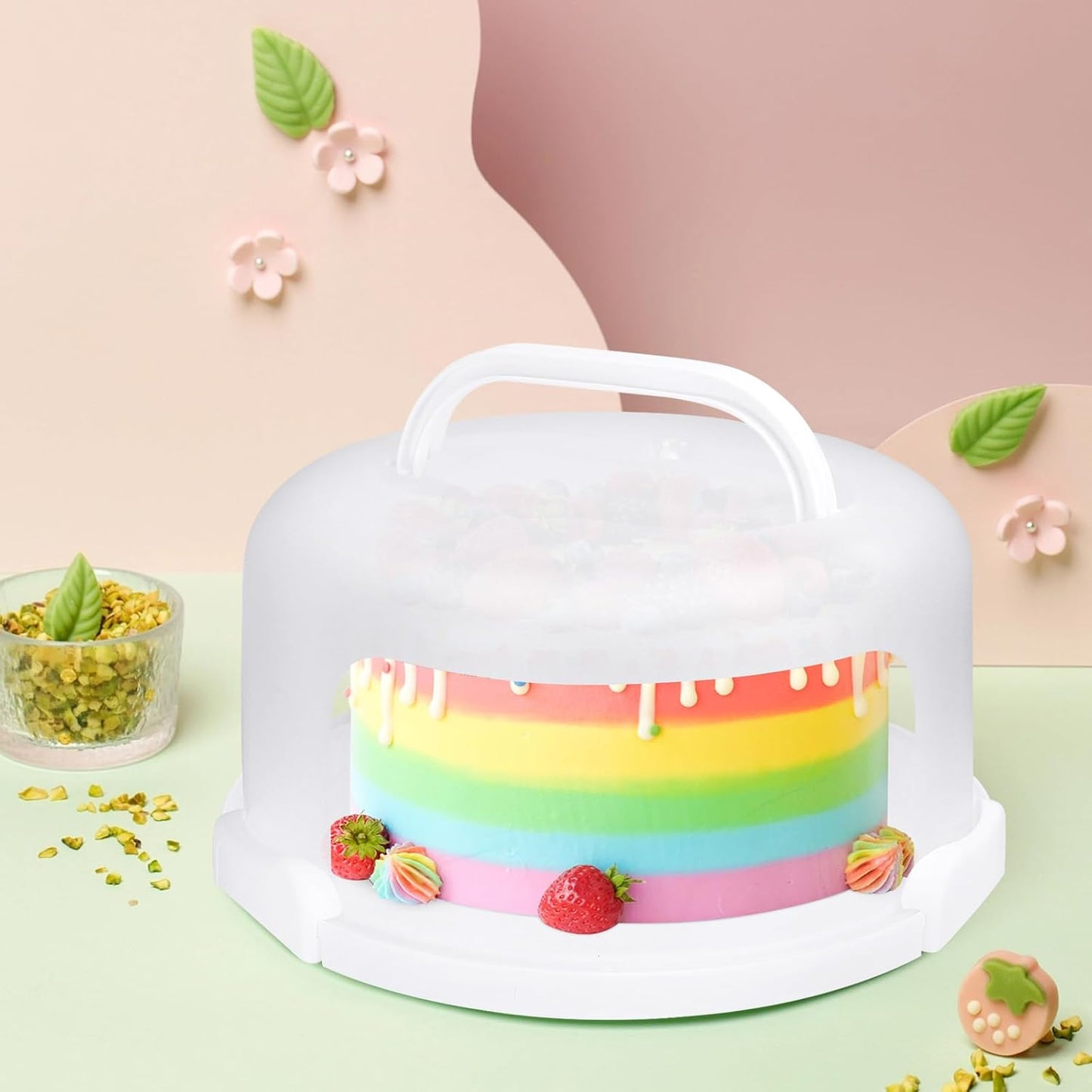 Cake Carrier with Lid and Handle, Fit 10’’ Cake Stand with Lid, Cake Transport Storage Container, Cake Containers Cover Stand with Lids, 3 Secure Side Closures (White)