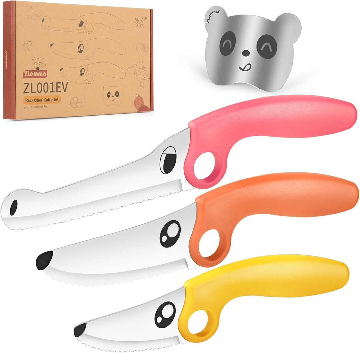 Kids Knife Set for Real Cooking with Educational Ring & Panda Finger Guard for Boys & Girls Cutting, Kids Chef Knife Stainless Steel Blade for Kitchen Cutting-Cool-toned