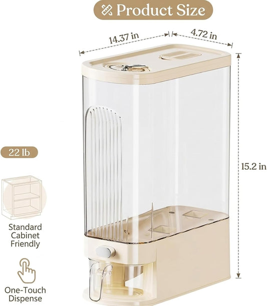 Slim Rice Dispenser with Manual Date Tracker, 22 Lbs Large Grain Storage Container for Kitchen Gap, 4.72" Wide Narrow Rice Bin with Measuring Cup, Beige