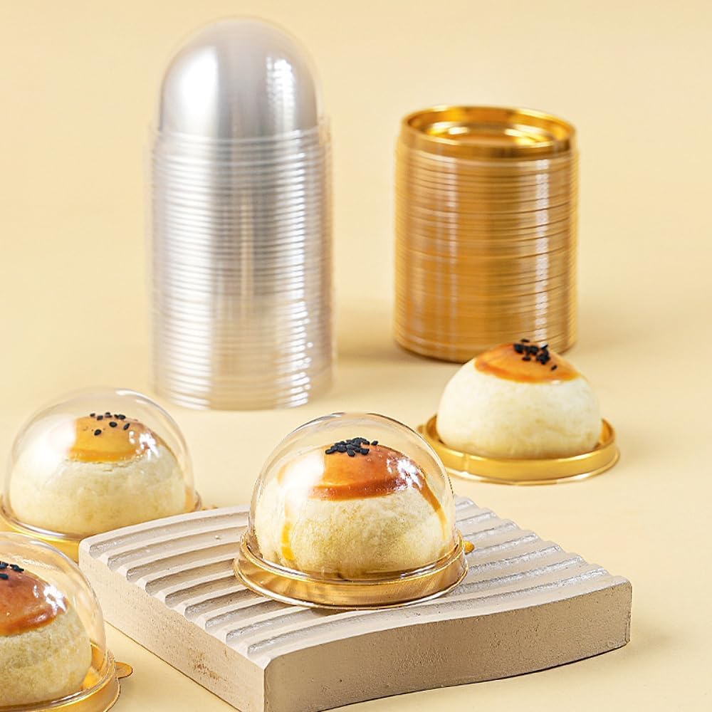 Zezzxu 50 Pack Mini Cake Containers, Clear Plastic Small Cupcake Boxes with Dome Lids for Individual Chocolate Covered Cookies, Strawberry, Mooncake (Gold)