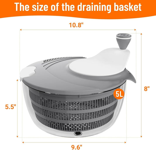 HomeHacks Salad Spinner Large Lettuce Spinner, Large Fruit Cleaner with Double Drainage Holes, 5 Chopping Blades, High Efficiency for Kitchen Washing & Drying Leafy Vegetables, Easy Press (Grey)