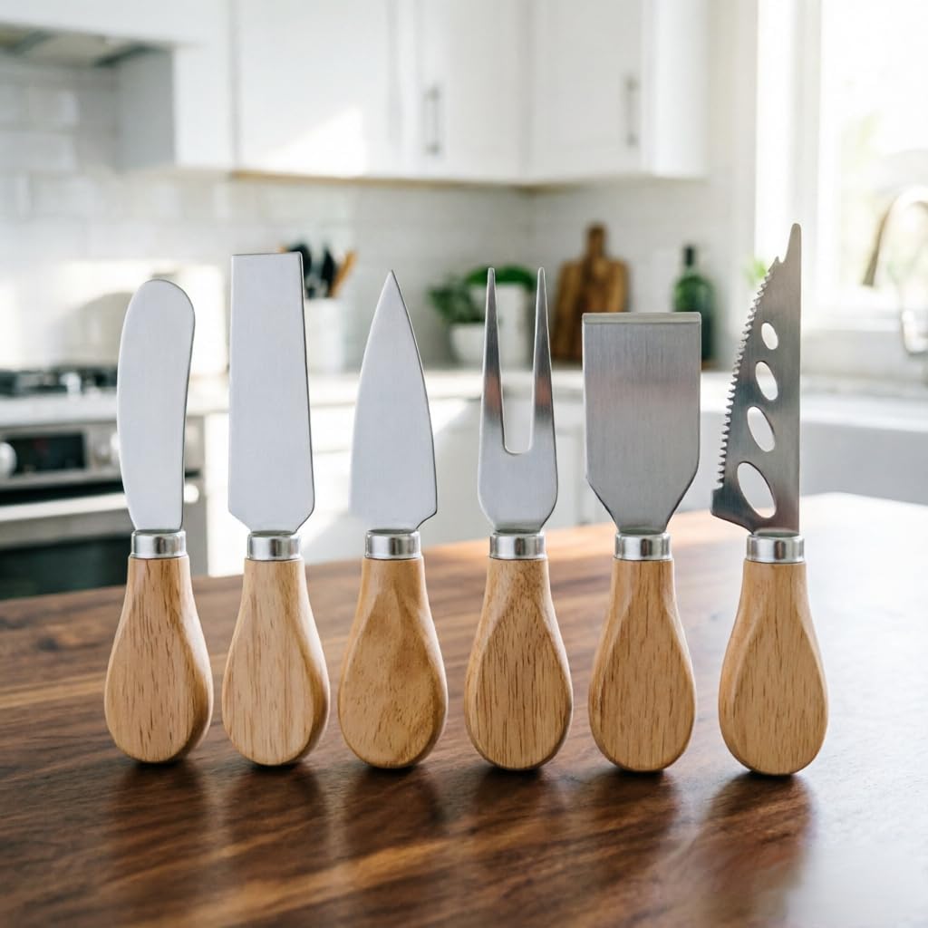 6 Pcs Cheese Knives Set with Wooden Handle, Mini Steel Stainless Cheese knife set for Charcuterie and Cheese spread, Perfect for Cheese Slicer and Butter Cutter