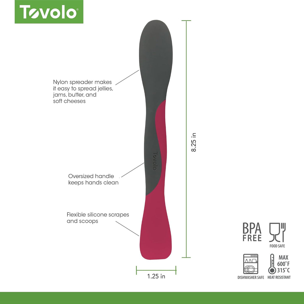Tovolo Scoop and Spread Large Dual End Silicone Sandwich Spreader Tool with Nylon Handle, BPA Free Dishwasher Safe Silicone and Nylon Tool for Spreading and Scooping, Cayenne Red and Oyster Gray