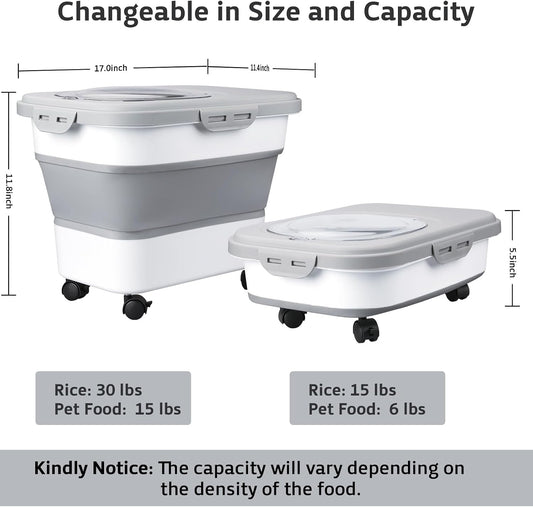 Komzon Rice Storage Containers, Collapsible 20 to 30Lbs Food Storage Bin Dispenser with Rolling Wheel and Clear Airtight Lid, BPA Free Flour, Sugar, Cereal and Dog Cat Pet food Containers