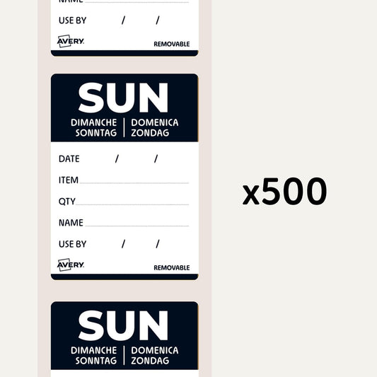 Avery Removable, Hand Writable, Detailed Food Day Labels, Strong Adhesive, 40 x 56 mm, Sunday, Black, 500 Labels, Preprinted Design (DLDSUNREV-500)