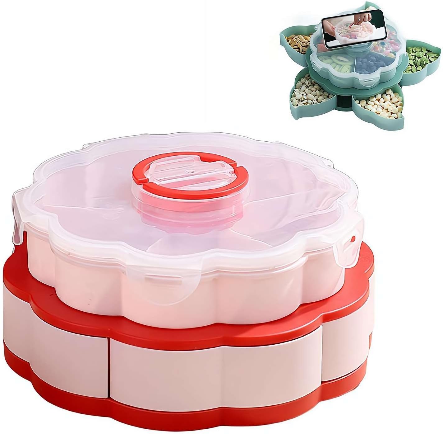 Divided Serving Tray that Spins, Snackle Box Container for Fruits Candy Organizer, Rotating Snack Box Container with Lid, Lazy Spinner Organizer Veggie Fruit Tray for Kitchen, Party and Picnic