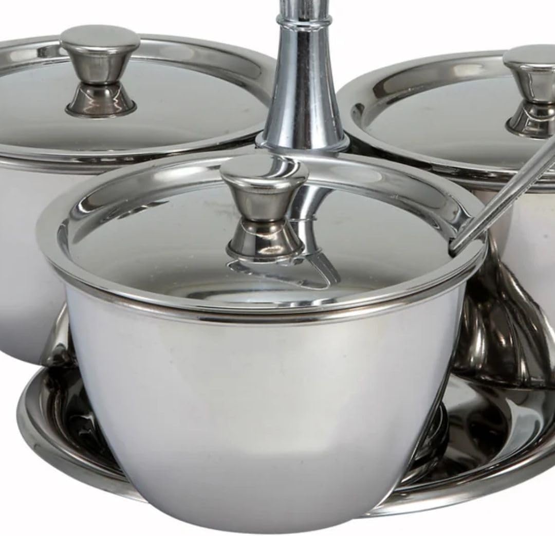 Soro Essentials- 3 Compartments Stainless Steel Relish Server 8 oz Capacity Per Cup- Serving Tray with Lid Condiment Server Condiment Serving Garnish Bar Container for Home Kitchen Restaurant