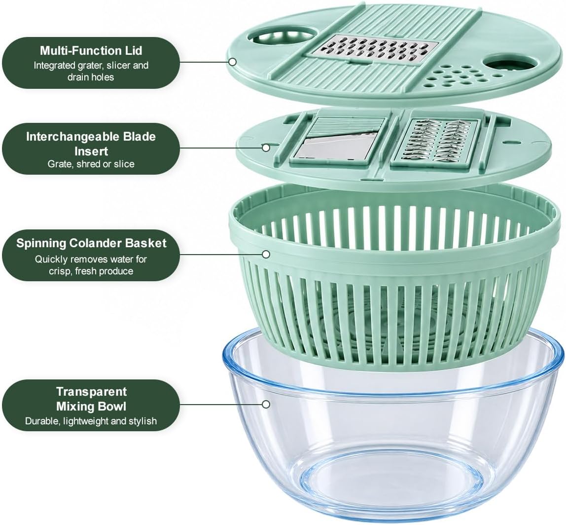 Salad Spinner & Vegetable Cutter, 2-in-1 Drain Bowl & Lettuce Spinner