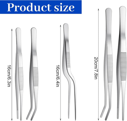 Stainless Steel Tweezers Set, 5Pcs Food Tweezers Precision Tweezer for Cooking Repairing Jewelry-Making DIY Craft Baking Cake Decoration Small Gardening (Silver)