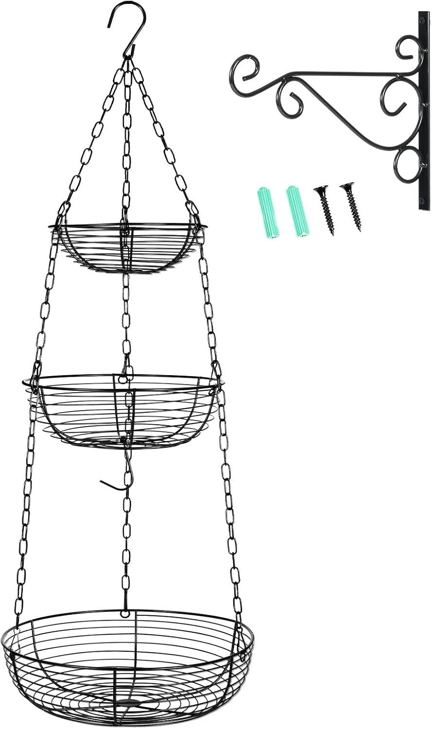 HULISEN 3 Tier Hanging Fruit Basket with Banana Hook, 36-Inch Heavy-Duty Wire Hanging Baskets for Kitchen Storage, Vegetable Produce Organizer (Including Installation Bracket)