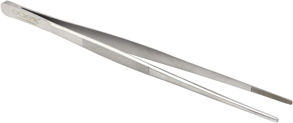 O'Creme Stainless Steel Precision Kitchen Tweezer Tongs with Serrated Tips for Gripping (10" Curved, Silver)