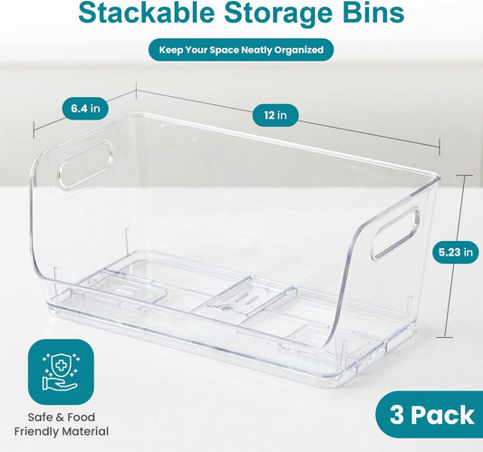 Basicwise Set of 3 Open-Front 16" Clear Storage Bins with Easy-Grip Handles Stackable Transparent Plastic Organizer Container for Pantry Cabinet Refrigerator Drawers Closets & Shelf Organization, XL