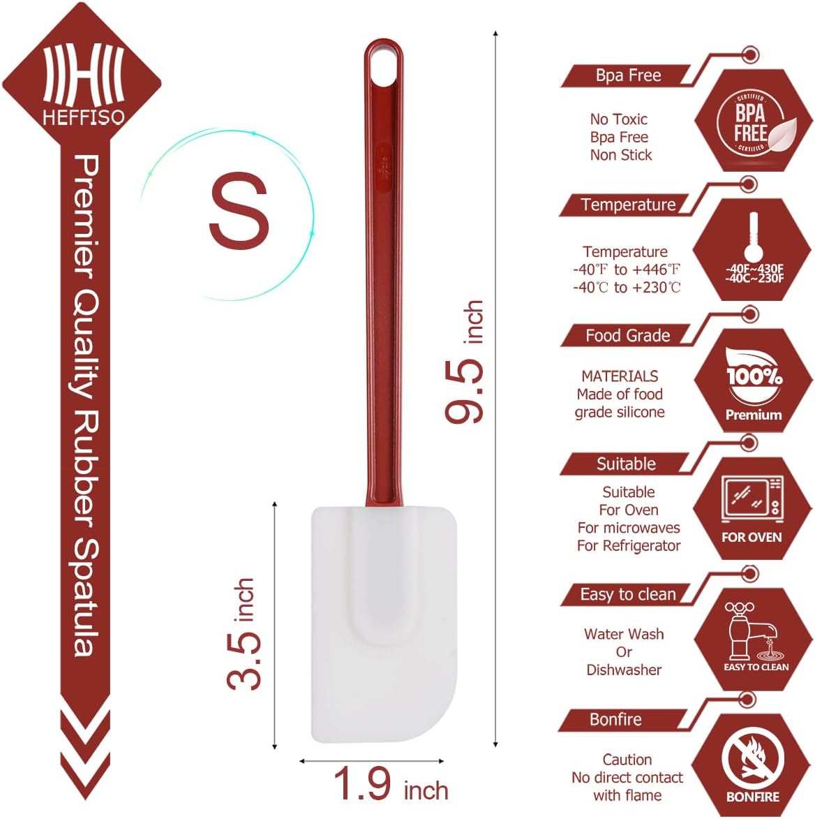 3 PCS Commercial Grade Heat Resistant Silicone Spatulas, 9.5-Inch Rubber Spatulas for Baking, Nonstick & BPA-Free