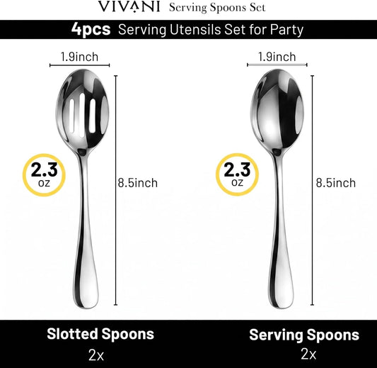 VIVANI 4-Piece Serving Spoons Set, 8.5-Inch Serving Spoon and Slotted Spoon