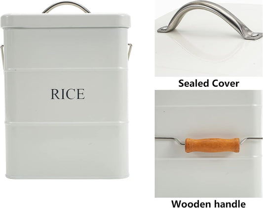 Metal Rice Storage Box, Square Rice Container with Lid and handle, Sealed Food Storage Bin for Kitchen, Countertop Organizer Jar for Rice Flour Soybean Grain Cereal-White