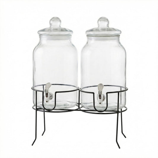 Style Setter Rustic Home Beverage Dispenser Set of 2 Cold Drink Dispenser w/ 1-Gallon Capacity each Glass Jug, Metal Rack & Leak-Proof Acrylic Chrome Spigot Great for Parties, Weddings