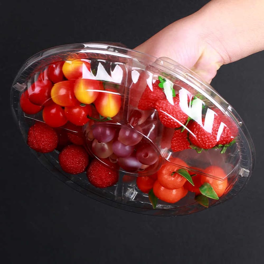 30 Pack Fruit Trays for Serving for Party, 6 Divided Compartment Disposable Party Platters for Vegetable Fruit Snack Nut, Plastic Veggie Tray with Lid for Buffet Catering(10.4 Inch) (Clear)